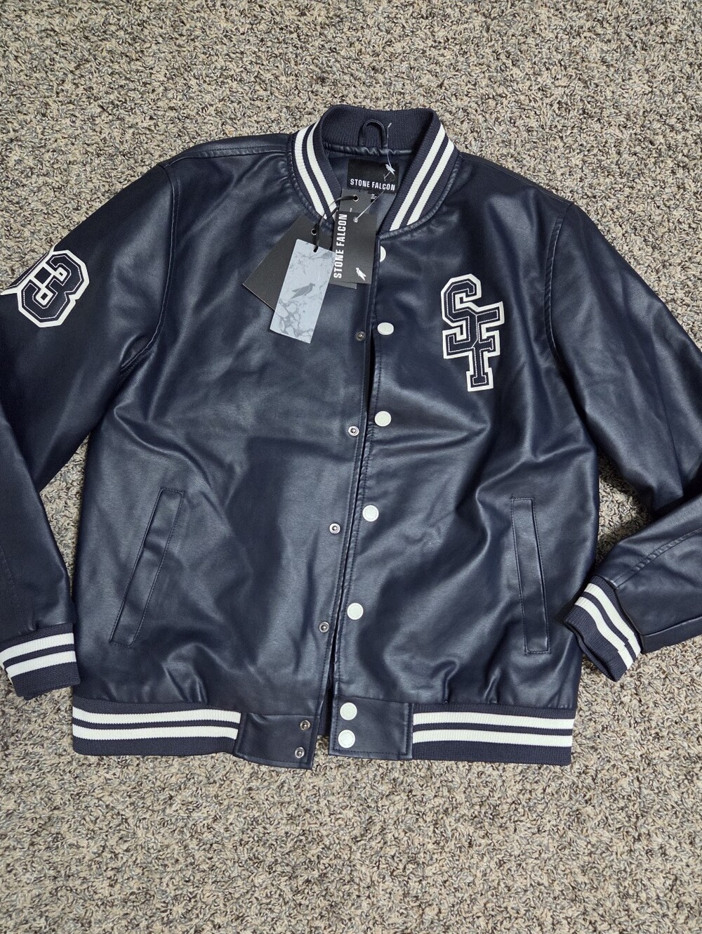Navy Faux Leather Varsity Jacket with Striped Trim